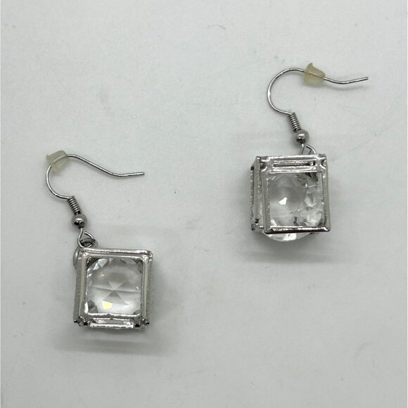 Silver-Tone Box Earrings Clear Rivoli Dangles Pierced Hooks Geometric - Picture 4 of 12